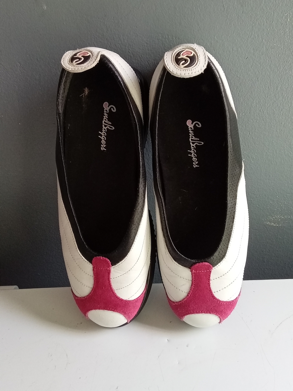 Sandbaggers Libby Womens‎ Golf Shoes White Black Pink Leather Slip On Size 8